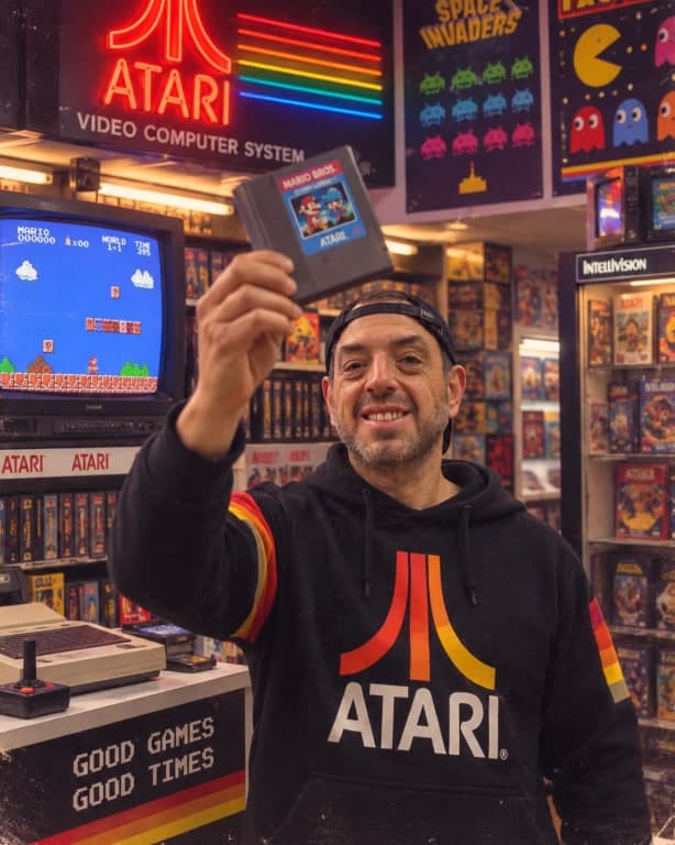 Un cartucho de Atari en alto bajo el neón de Atari del local